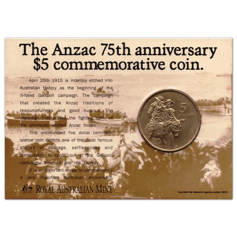 Lot 1 — 1990 $5 Anzac 75th Anniversary Commemorative Coin