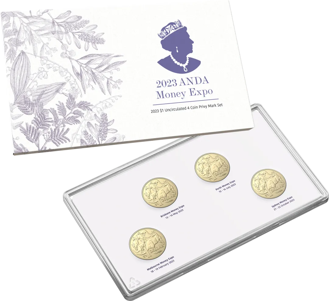 Lot 6 — BIN: 2023 $1 ANDA Money Expo - Uncirculated Privy Mark 4x $1 coin Set