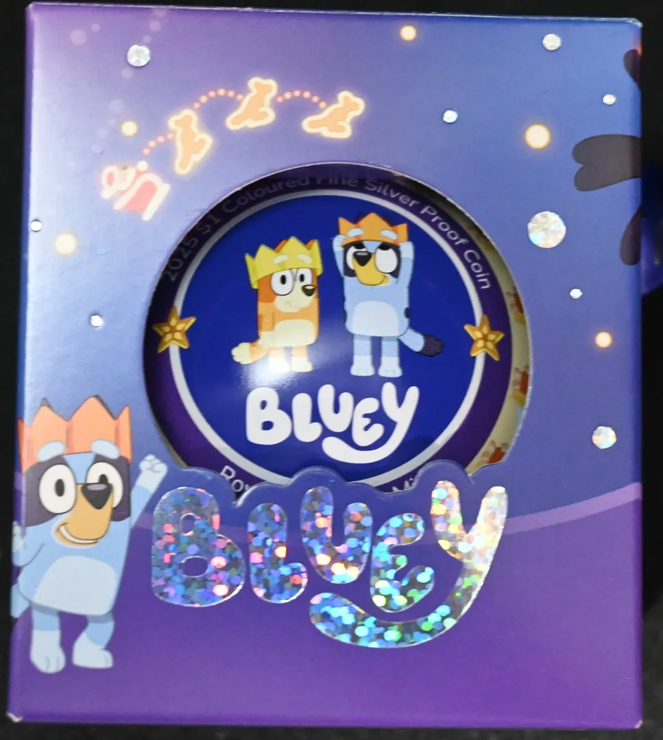Lot 38 — 2025 $1 Bluey Christmas Coloured Fine Silver Proof Coin (11.66g Silver)