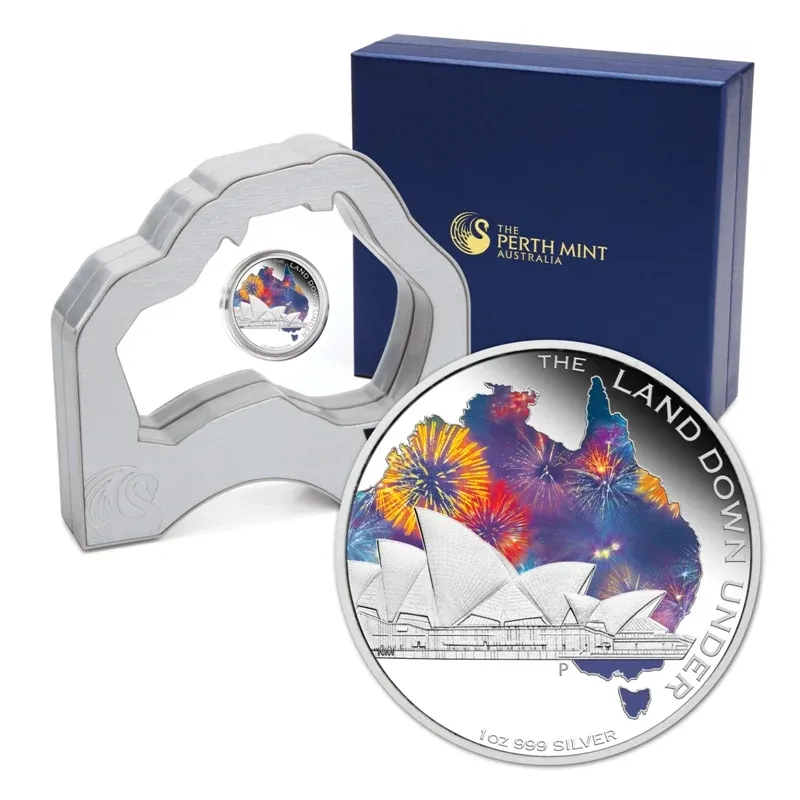 Lot 39 — 2013 1oz Silver Land Down Under - Landmark/Opera House Coin in Map Display