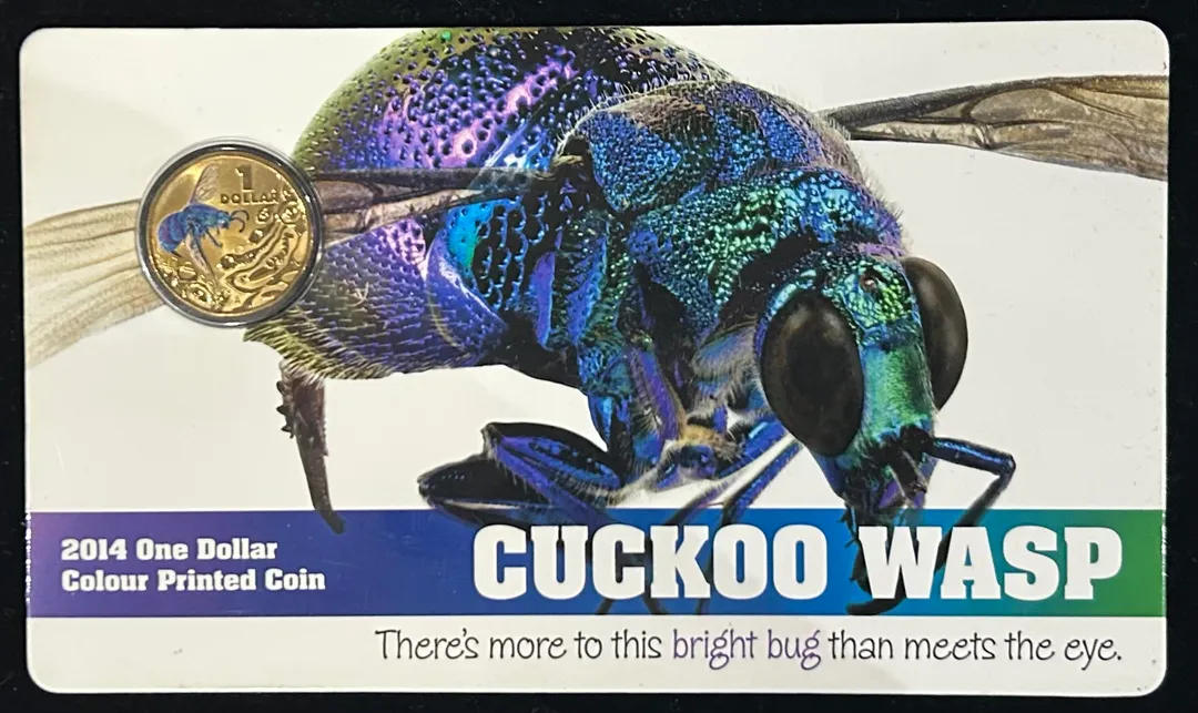 Lot 37 — 2014 $1 Cuckoo Wasp Coloured Coin (Card Damaged/Stained)